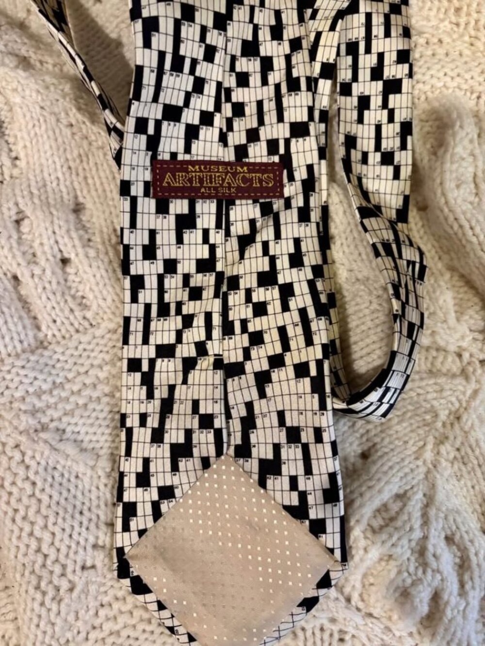 Museum Artifacts Silk Neck Tie with Crossword Puzzle Design